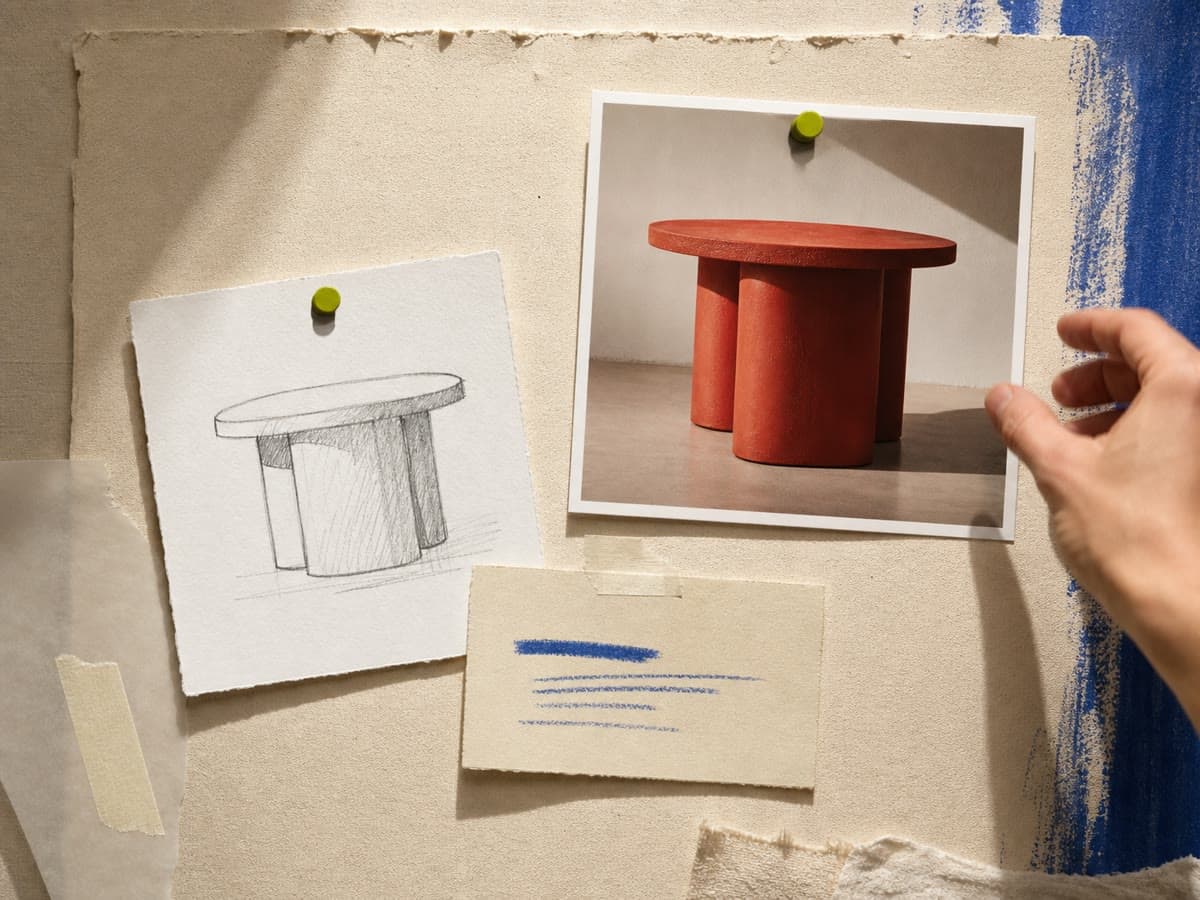 A reference photograph, sketch and brief assembled on textured paper.