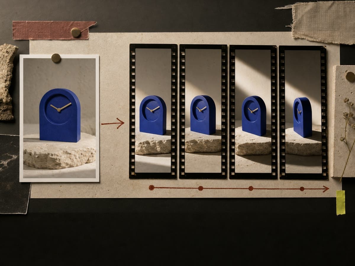 A cobalt product photograph becoming four vertical frames with changing camera angle and light.