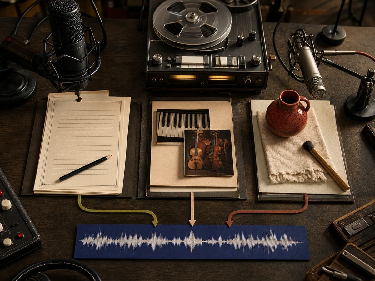 A script, music references and a foley object converging into one audio waveform.