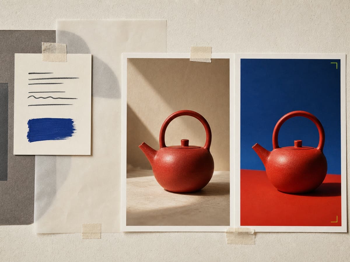 A creative brief leading to two distinct photographs of the same red teapot.