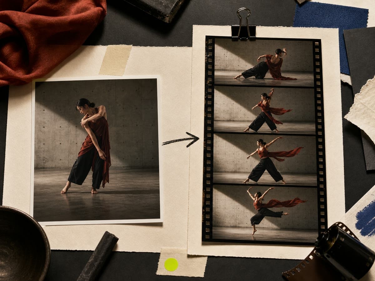 A dancer's source photograph leading to a four-frame moving film sequence.